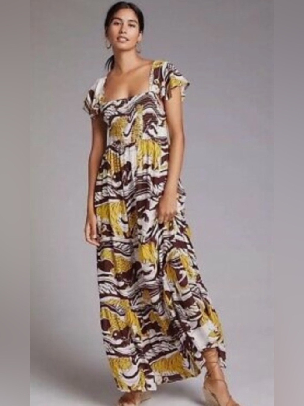 Anthropologie Panther Yellow & Brown Printed Ruffle Maxi Dress